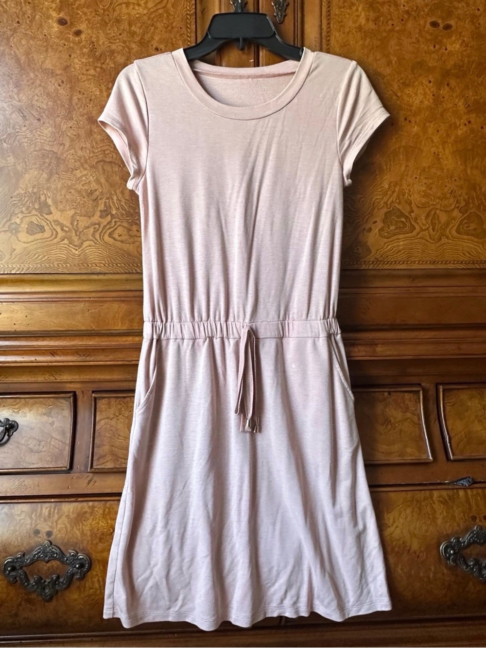 Light Pink T-Shirt Dress Size Small Casual Drawstring Waist Pocket Dress